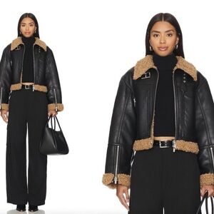 A.L.C. Aspen Faux-Leather Sherpa-Trim Jacket (Black/Brown) M